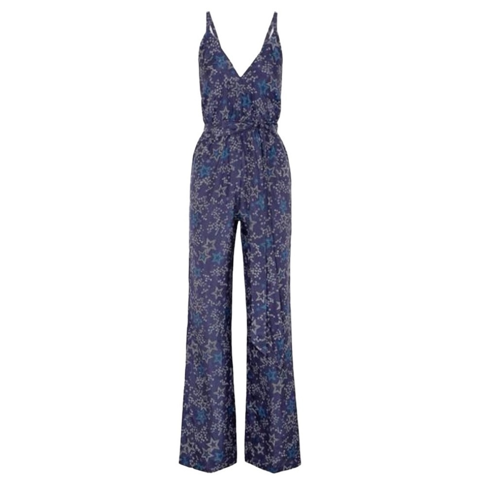 Paloma Blue “Eclipse” star print silk crepe de chine navy sleeveless jumpsuit